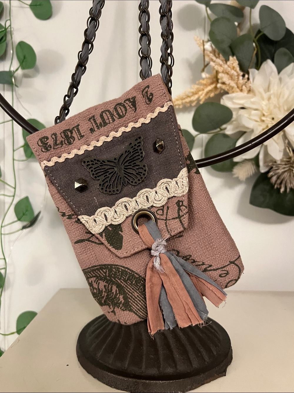 Boho Butterfly Tassel Crossbody Pouch - Dusty Rose & Gray